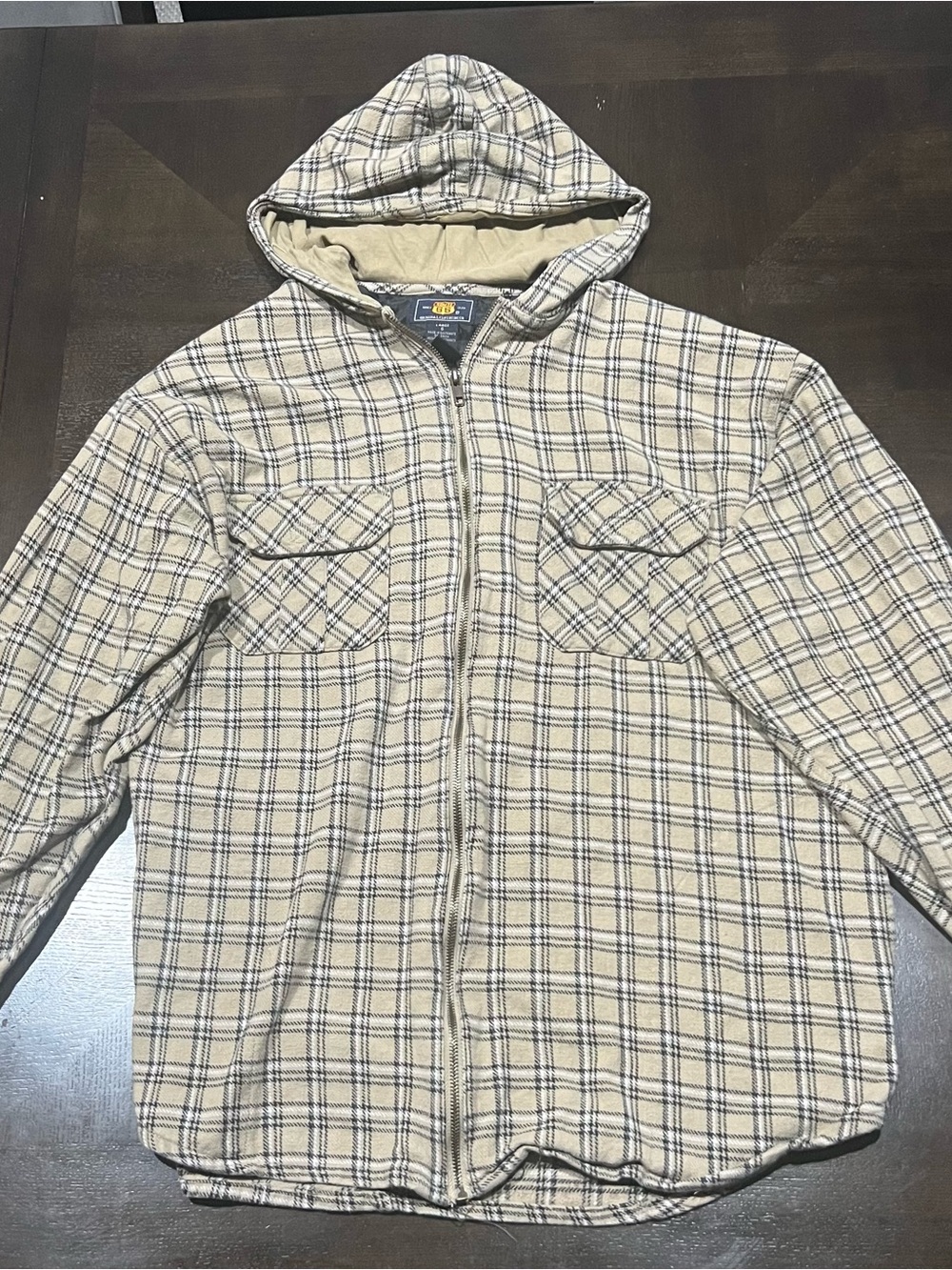 Route 66 Men’s Beige/Black Plaid Hooded Full Zip Lined Jacket w/ Pockets L